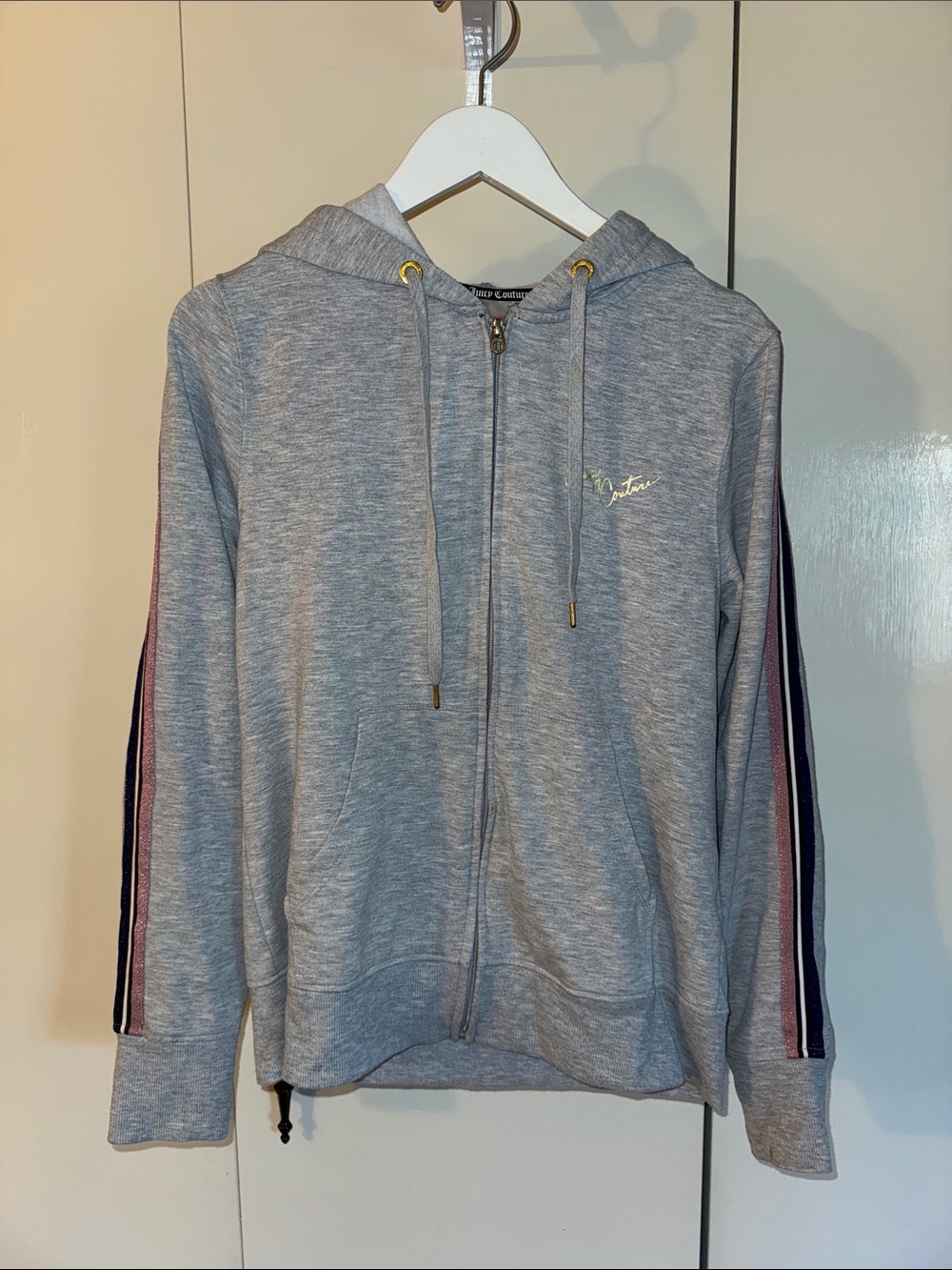 Juicy Couture Grey Hoodie with Pink & Navy Shimmering Striped Sleeves